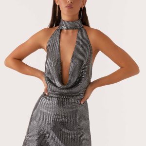 Nora Sequin Cowl Neck Mini Dress - Black
