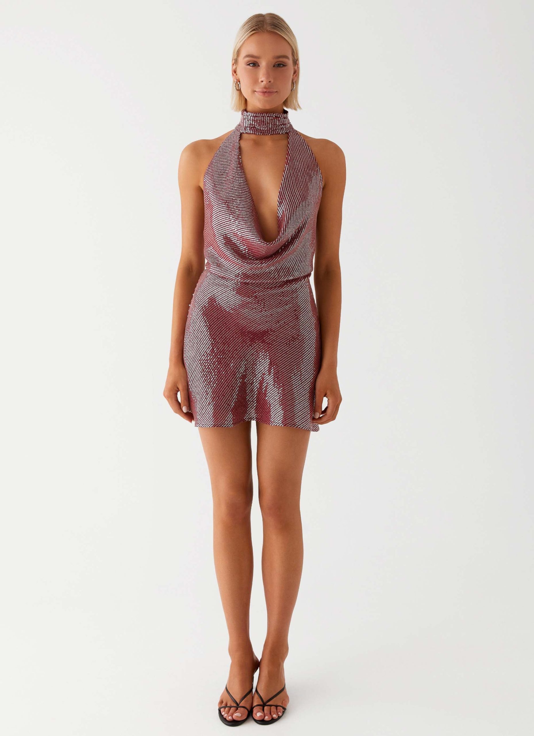 Nora Sequin Cowl Neck Mini Dress - Red - Image 4