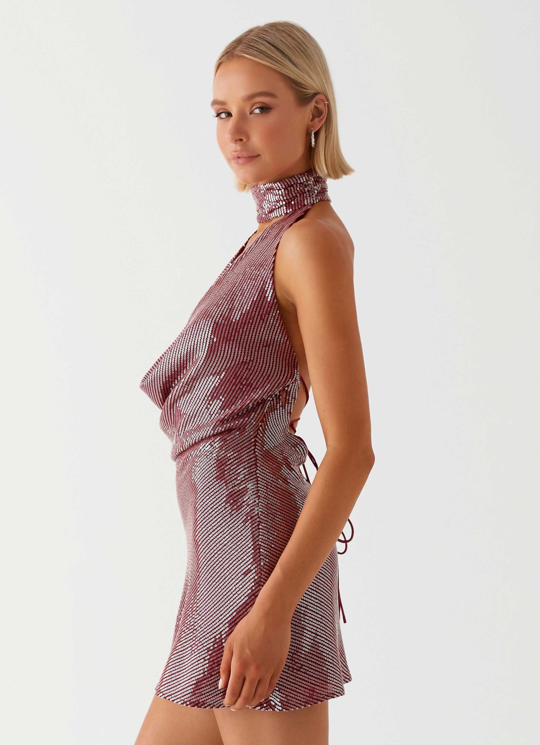 Nora Sequin Cowl Neck Mini Dress - Red - Image 5