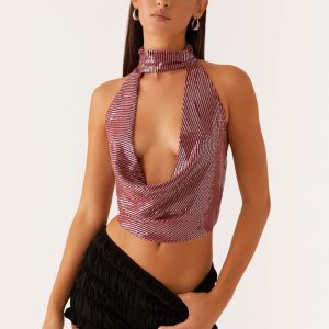 Nora Sequin Cowl Top - Red