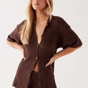 Nylah Oversized Crochet Shirt - Chocolate