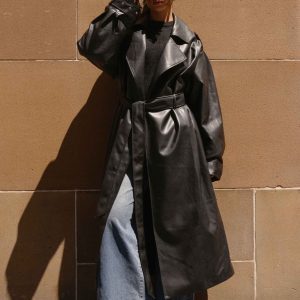 Out On The Town Faux Leather Midi Trench - Black