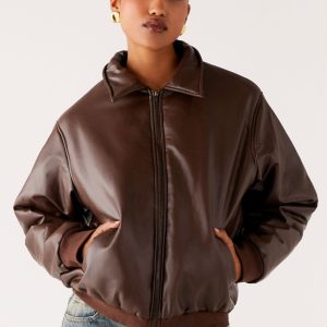 Outlands Faux Leather Bomber Jacket - Chocolate