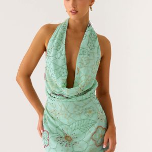 Outlaw Beaded Mini Dress - Mint Aqua