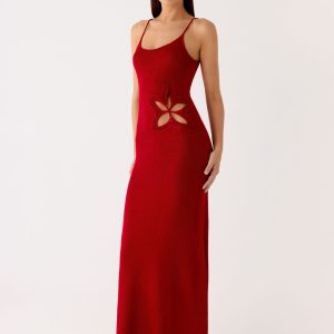 Palm Breeze Flower Crochet Maxi Dress - Burnt Red