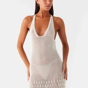 Pearl Shore Beaded Crochet Mini Dress - Ivory