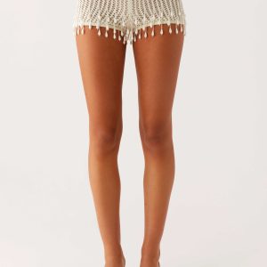Pearl Shore Beaded Crochet Mini Shorts - Ivory