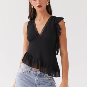 Empress Frill Trim Top - Black