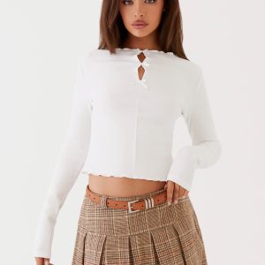 Simone Long Sleeve Bow Top - White