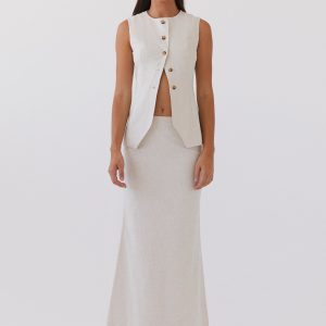 Born For Bordeaux Linen Midi Skirt - Oatmeal