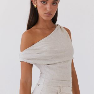 Marissa Linen One Shoulder Top - Oatmeal