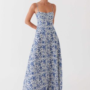 Angelina Linen Maxi Dress - Blue Paisley