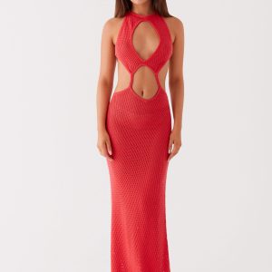 Caicos Crochet Maxi Dress - Red