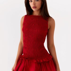 Garden Kisses Shirred Mini Dress - Red