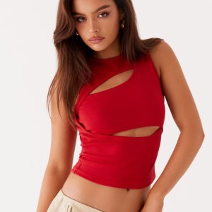 Beyond Cut Out Mesh Top - Red