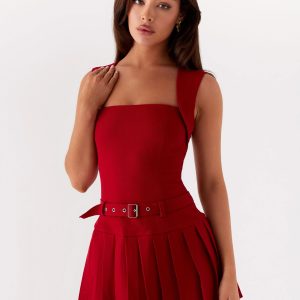Justina Belted Mini Dress - Red