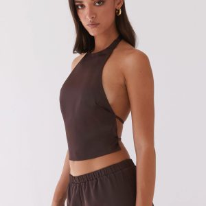 Bree Satin Halterneck Top - Brown