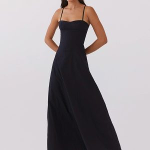 Angelina Linen Maxi Dress - Black