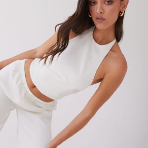 Bree Satin Halterneck Top - Pearl