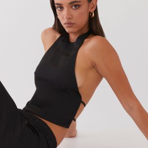 Bree Satin Halterneck Top - Black