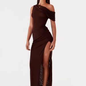 Ciara One Shoulder Draped Maxi Dress - Chocolate