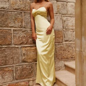 Dream Sight Lace Satin Maxi Dress - Lemon