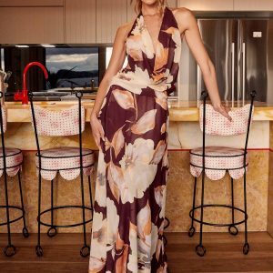 Elysia Chiffon Maxi Dress - Brown Floral