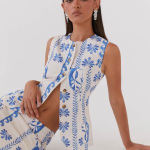 Born For Bordeaux Linen Vest - Floral Wave