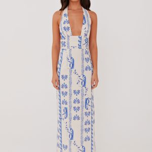 Sky Linen Maxi Dress - Floral Wave