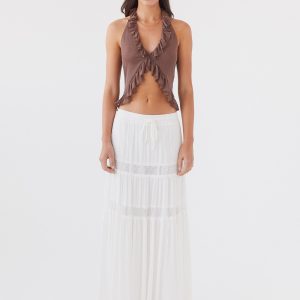 Tanya Mesh Frill Top - Chocolate