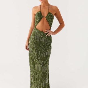 Phoenicia Beaded Maxi Dress - Khaki