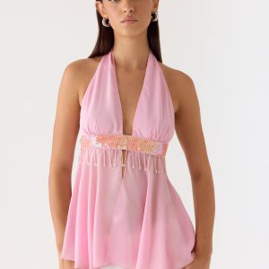 Put It Straight Beaded Sequin Top - Baby Pink