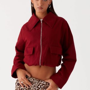 Right Direction Oversized Bomber Jacket - Deep Red