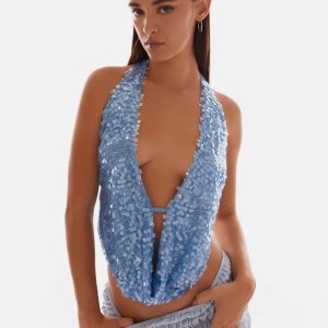 Rio Dreams Cowl Neck Halter Top - Blue