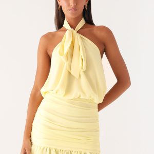 Saebi Tie Neck Mini Dress - Lemon