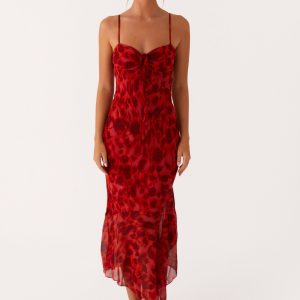 Sally Midi Dress - Deep Red Floral