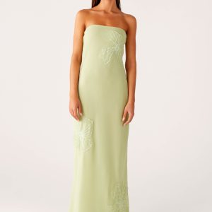 Sassafras Beaded Flower Strapless Maxi Dress - Lime