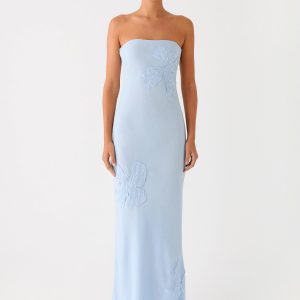 Sassafras Beaded Flower Strapless Maxi Dress - Blue