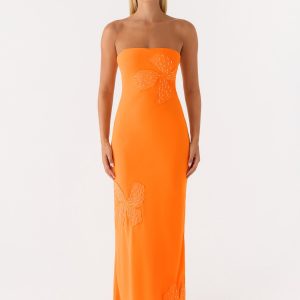 Sassafras Beaded Flower Strapless Maxi Dress - Orange