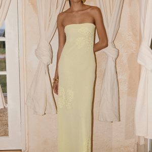 Sassafras Beaded Flower Strapless Maxi Dress - Yellow