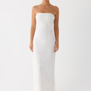 Sassafras Beaded Flower Strapless Maxi Dress - White