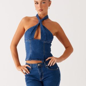 Saylor Halter Denim Top - Indigo