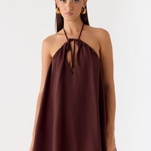 Soft Breeze Linen Mini Dress - Chocolate