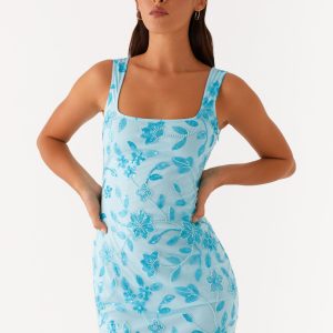 Starlina Square Neck Beaded Mini Dress - Blue