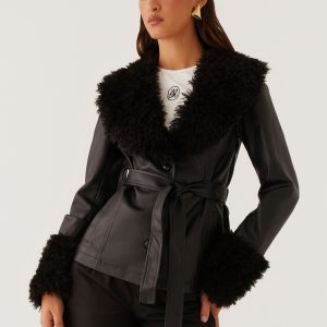 Street Lights Fur Trim Jacket - Black