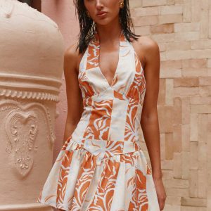 Sunset Ballad Linen Mini Dress - Orange Blue Floral