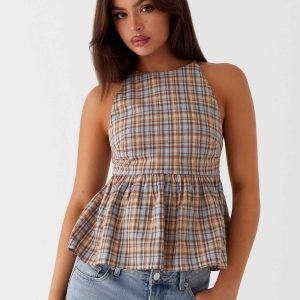 Tanith Ruffle Top - Brown Check