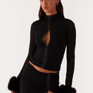 Tayanna Fur Trim Long Sleeve Top - Black