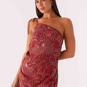 Temptational Beaded One Shoulder Mini Dress - Rust