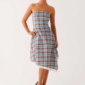 Tonie Strapless Midi Dress - Shoreline Check